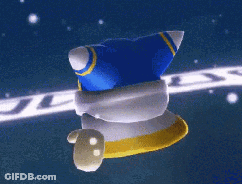 A Cartoon Character In A Blue And White Outfit Is Flying Through The Air . GIF
