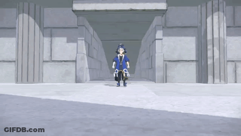 Cartoon In Blue And White Walking Through Tunnel GIF