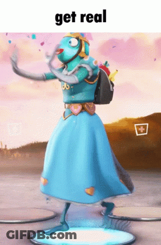 A Cartoon Character In A Blue Dress Is Dancing With The Words Get Real Below It GIF