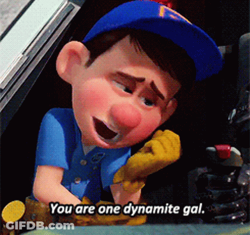 A Cartoon Character In A Blue Hat Says You Are One Dynamite Gal GIF