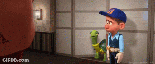 A Cartoon Character In A Blue Hat With The Letter F On It Standing Next To A Turtle GIF
