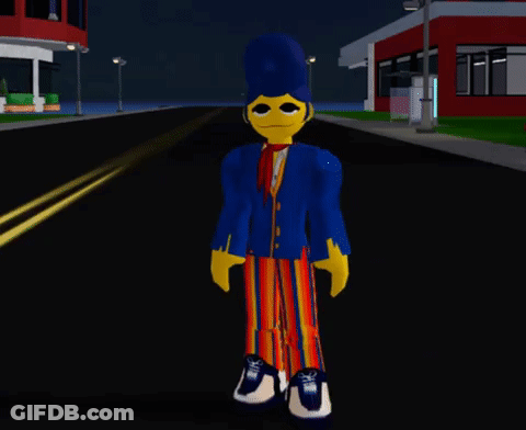 A Cartoon Character In A Blue Jacket And Striped Pants Is Standing On A Street GIF
