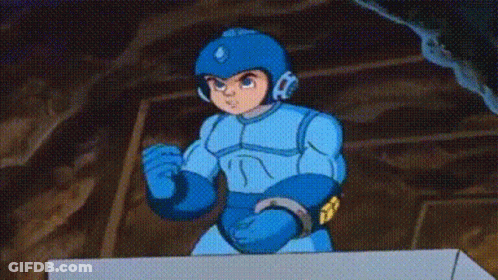 A Cartoon Character In A Blue Suit And Helmet Is Standing In A Dark Room . GIF