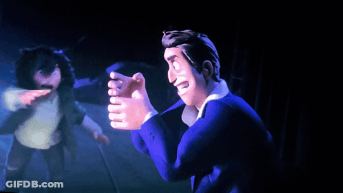 A Cartoon Character In A Blue Suit Is Reaching Out Towards Another Cartoon Character GIF