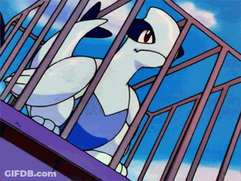 A Cartoon Character In A Cage With A Blue Sky Behind It GIF