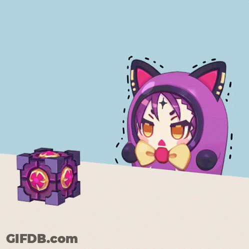 A Cartoon Character In A Cat Costume Is Looking At A Purple Cube GIF