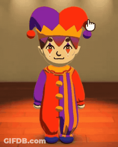 A Cartoon Character In A Clown Costume With A Purple Hat GIF