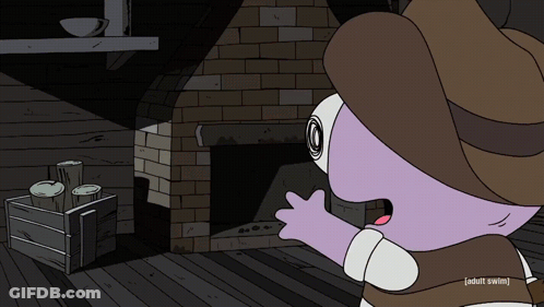 A Cartoon Character In A Cowboy Hat Stands In Front Of A Fireplace And Says Adult Swim At The Bottom GIF