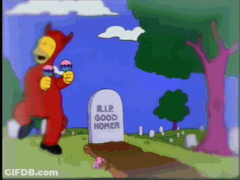 A Cartoon Character In A Devil Costume Is Standing In Front Of A Grave That Says R.i.p Good Homer GIF