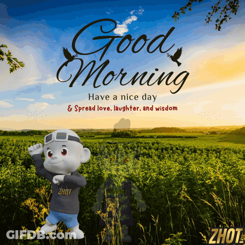 Cartoon Character In Field Saying Good Morning Spread Love GIF
