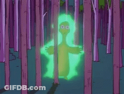 A Cartoon Character In A Forest With A Green Light Coming Out Of His Body GIF
