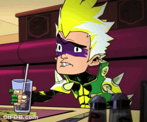 A Cartoon Character In A Green And Yellow Costume Holds A Glass With A Straw GIF