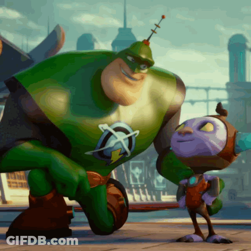 A Cartoon Character In A Green Superhero Costume Stands Next To A Smaller Character GIF