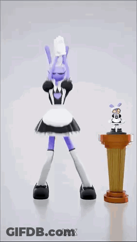 A Cartoon Character In A Maid Outfit Is Jumping In The Air Next To A Statue Of Jax GIF