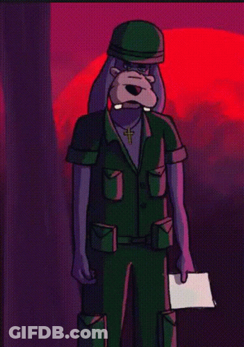 A Cartoon Character In A Military Uniform Holds A Piece Of Paper In His Hand GIF