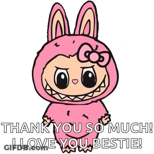 A Cartoon Character In A Pink Bunny Costume Is Saying Thank You So Much I Love You Bestie GIF