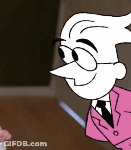 A Cartoon Character In A Pink Suit And Tie Is Smiling And Holding A Knife . GIF