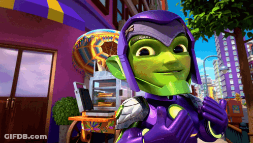 A Cartoon Character In A Purple And Green Costume GIF