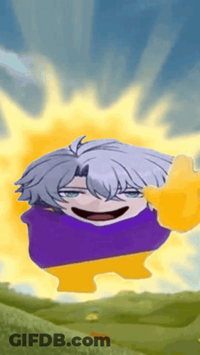 A Cartoon Character In A Purple And Yellow Outfit Is Standing In Front Of A Sun GIF