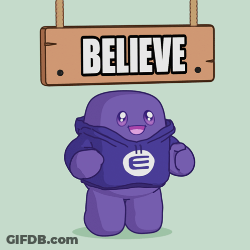 A Cartoon Character In A Purple Hoodie Stands Under A Wooden Sign That Says Believe GIF