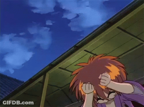 A Cartoon Character In A Purple Kimono Is Holding A Sword And Making A Funny Face GIF