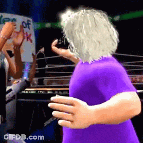 A Cartoon Character In A Purple Shirt Is Dancing In Front Of A Sign That Says " Yes Of Ok " GIF