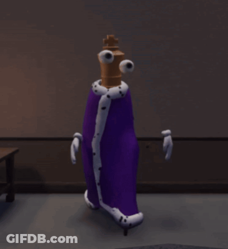 A Cartoon Character In A Purple Suit With A Chess Piece Head GIF