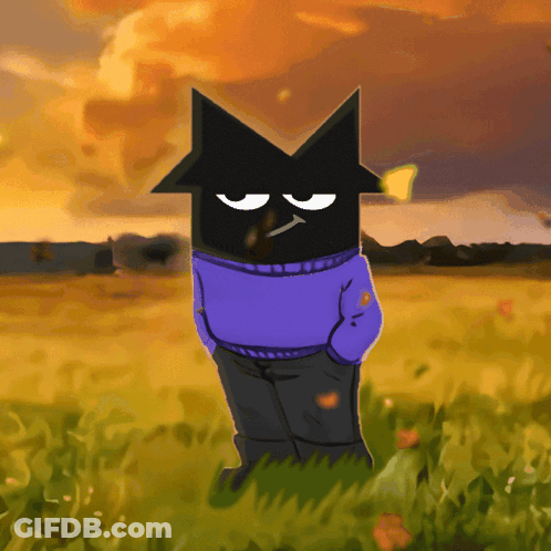A Cartoon Character In A Purple Sweater Is Standing In A Field With His Hands In His Pockets GIF