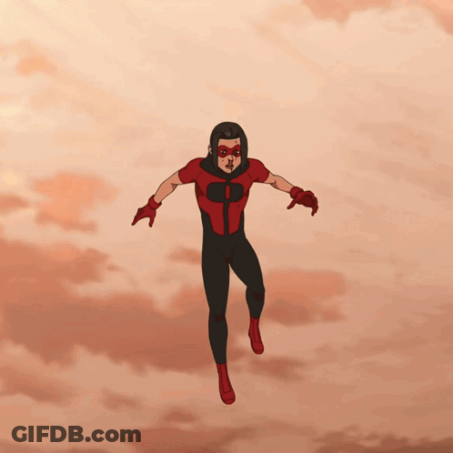 A Cartoon Character In A Red And Black Superhero Outfit Is Flying Through The Air GIF