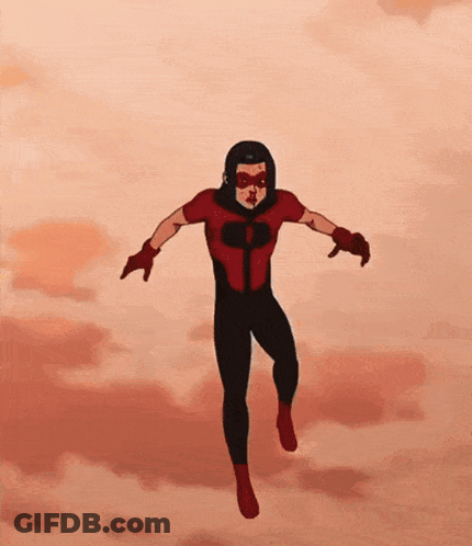 A Cartoon Character In A Red And Black Superhero Outfit Is Flying Through The Air GIF