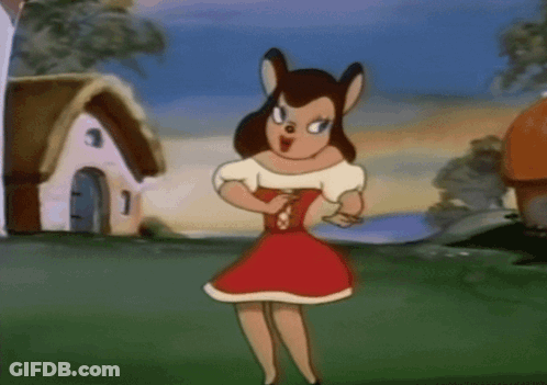 A Cartoon Character In A Red And White Dress Is Standing In A Field GIF