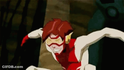 A Cartoon Character In A Red And White Outfit Is Flying Through The Air . GIF
