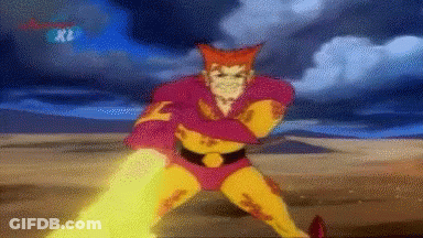 A Cartoon Character In A Red And Yellow Costume Is Holding A Flame GIF
