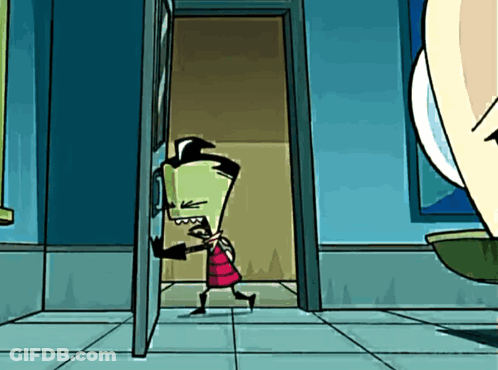 A Cartoon Character In A Red Dress Is Standing In A Hallway GIF