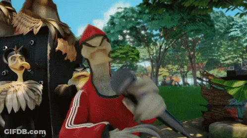 A Cartoon Character In A Red Jacket Is Holding A Gun GIF