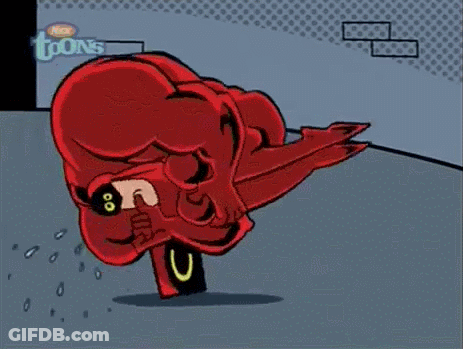 A Cartoon Character In A Red Superhero Costume Is Crying While Holding A Bottle . GIF