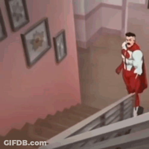A Cartoon Character In A Red Superhero Costume Is Standing On Top Of A Set Of Stairs . GIF
