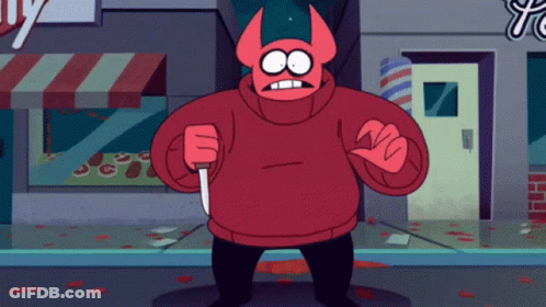 A Cartoon Character In A Red Sweater Is Holding A Large Knife GIF