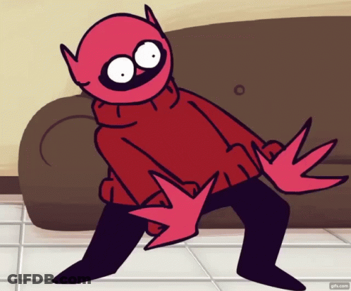 A Cartoon Character In A Red Sweater Is Standing Next To A Couch GIF
