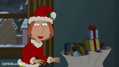 A Cartoon Character In A Santa Hat Stands Next To A Bag Of Gifts GIF