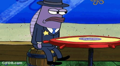 A Cartoon Character In A Sheriff 'S Uniform Sits On A Barrel Next To A Table GIF