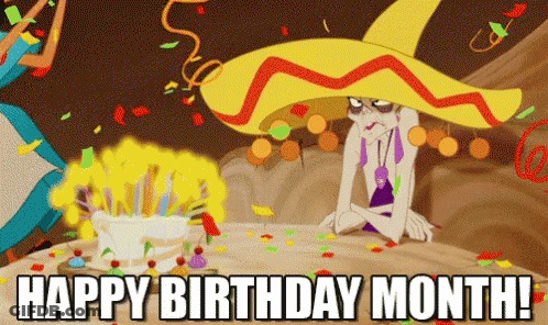 A Cartoon Character In A Sombrero Is Sitting In Front Of A Birthday Cake With The Words Happy Birthday Month Written Bel GIF