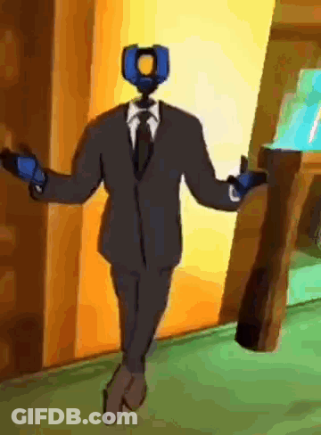 A Cartoon Character In A Suit And Tie Is Standing In A Hallway . GIF
