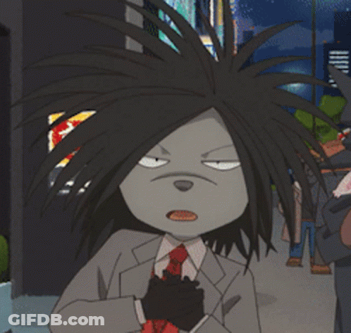 A Cartoon Character In A Suit And Tie With Long Hair GIF