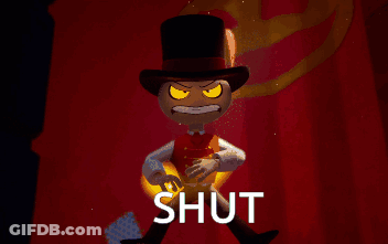 A Cartoon Character In A Top Hat With The Word Shut Behind Him GIF