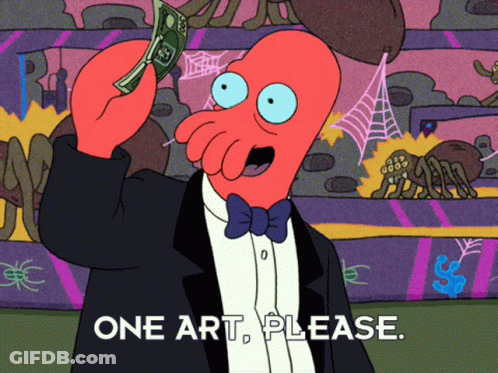 A Cartoon Character In A Tuxedo Is Holding A Dollar Bill And Says " One Art Please " GIF