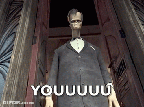 A Cartoon Character In A Tuxedo Is Standing In Front Of A Door That Says Youuu GIF