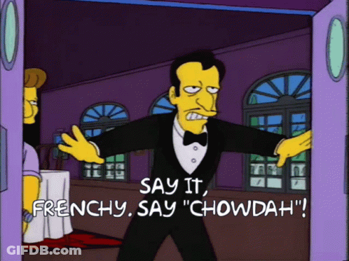 A Cartoon Character In A Tuxedo Says " Say It Frenchy Say Chowdah " GIF