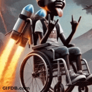 A Cartoon Character In A Wheelchair With A Rocket On His Back Giving The Middle Finger . GIF