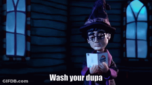 A Cartoon Character In A Witch Hat Is Holding A Card And Says `` Wash Your Dupa '' . GIF